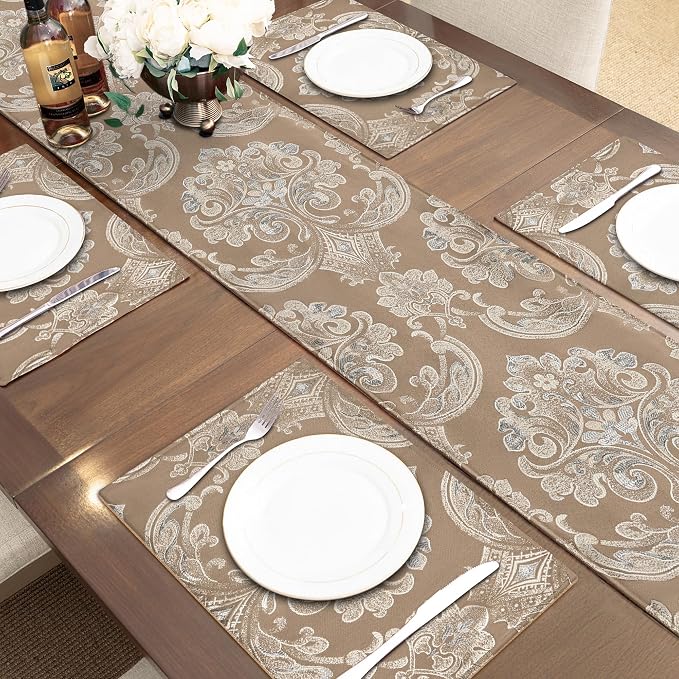 Loom and Mill Damask Floral Table Runner 90 Inches Long, Light Coffee | Luxury - Image 7
