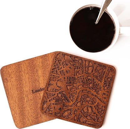 London Map Coaster by O3 Design Studio, Set Of 4, Sapele Wooden Coaster With City Map, Handmade