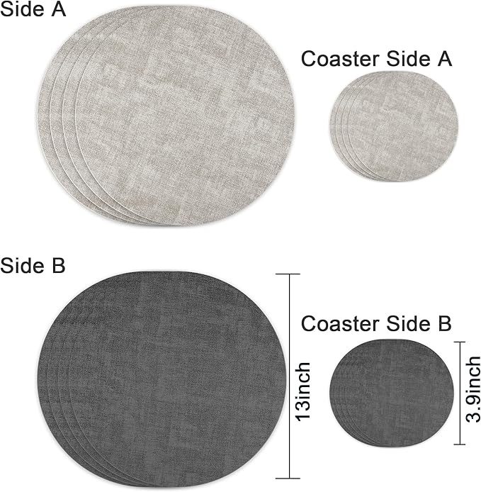 13-Inch Faux Leather Round Placemats Set of 4, Waterproof Anti-Slip Dual Sided Place mats, Heat Resistant Washable Table Mats with Coaster, Suitable for Indoor & Outdoor (4, Black Light Gray)
