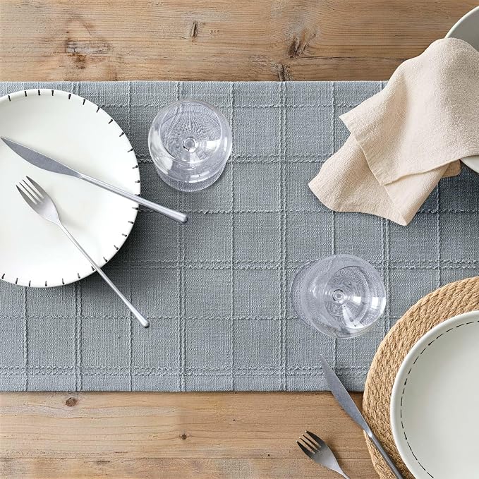 Linen Checked Farmhouse Table Runner, 13x60 Inches Chambray | Raised Grid Design - Image 7