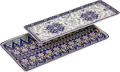 Bico Mandala Kaleidoscope Ceramic 14 inch Rectangular Serving Platter, Set of 2, for Serving Salad, Pasta, Cheese, Ham, Appetizer, Microwave & Dishwasher Safe