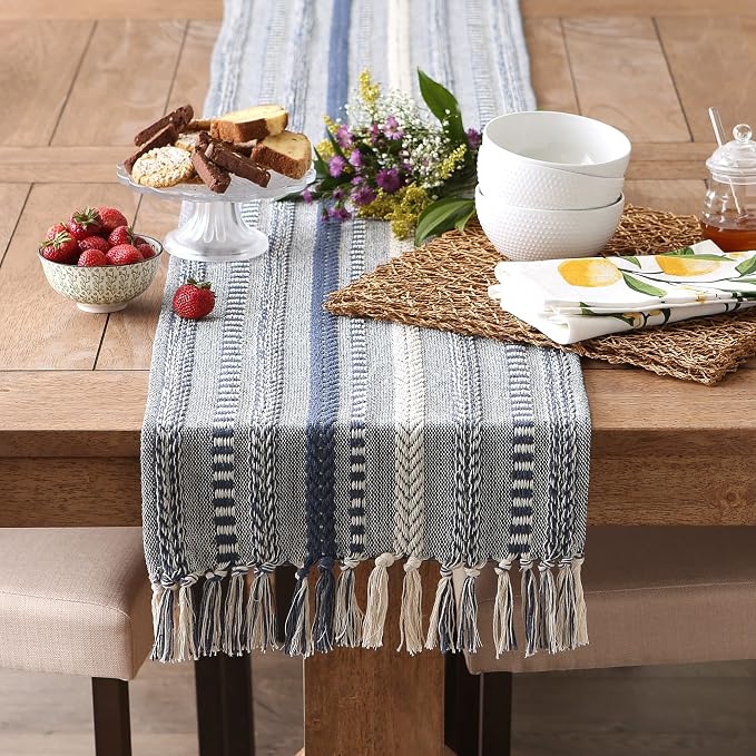 DII Farmhouse Braided Stripe Table Runner Collection, French Blue - Image 4