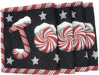 DaDa Bedding Starry Peppermint Joy Placemats - Set of 4 Festive Christmas Winter Holiday Tapestry - Red Black & White Cotton Linen Woven Yueltide Dining Table Mats - 13” x 19” (12904)