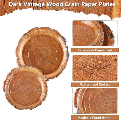 Kochorie 96 Pieces Wood Grain Slice Tableware Sets Rustic Wood Party Supplies Including Paper Plates, Napkins, Cups, Serves 24 for Camping Birthday Hunting Forest Party Decorations