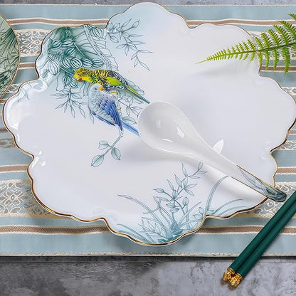 51 Pcs Fine Bone China Dinnerware Set,Porcelain&Ceramic Dinnerware Sets,Bone Stoneware & Ceramic Cookware Tableware Set Includes Dinner Plates|Spoons|Pasta Bowls|Soup Pot|Chopsticks