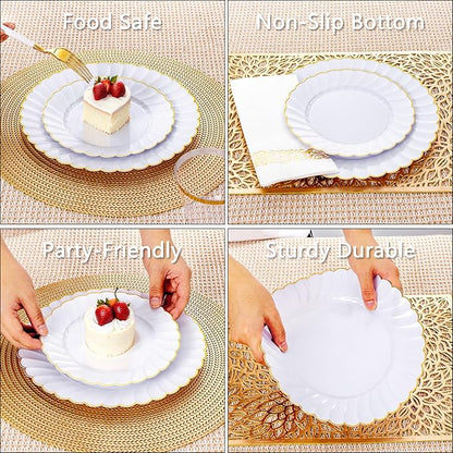 Ciaell 175 PCS White Scalloped Plastic Plates with Gold Trim - Gold Plastic Silverware with Handle - Fancy High-End Dinnerware Sets for Wedding & Party(25 Guests)
