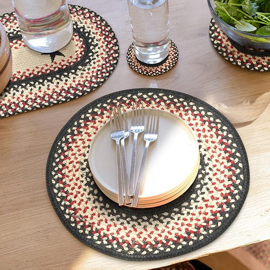Homespice Primitive Star Gloucester Round Braided Placemats, Warm Primitive Decor, Set of 2, 15" Black and Red Jute Table Mats - Vibrant Colors, Durable, Easy to Clean and Protects Furniture
