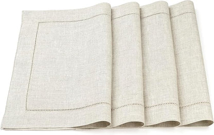 D'Moksha Homes Light Natural Linen Cloth Placemats Set of 4-100% Pure Linen Hemstitch Placemats 14 x 19 Inch - Classic Hemstitch Table Place Mats for Valentines, Easter - Machine Washable