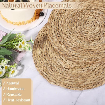 Aneco 24 Pack 12-Inch Round Woven Placemats Natural Hand-Woven Boho Rattan Wicker Bulrush Placemat Farmhouse Rustic Braided Table Mats for Dining & Kitchen Decor