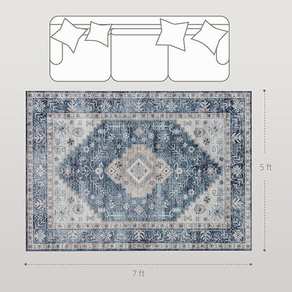HOMCOM Washable Area Rug, 5'x7' Vintage Indoor Distressed Carpet, Retro Floor Cover Foldable, Floral Print Mat for Living Room, Bedroom, Dining Room, Blue
