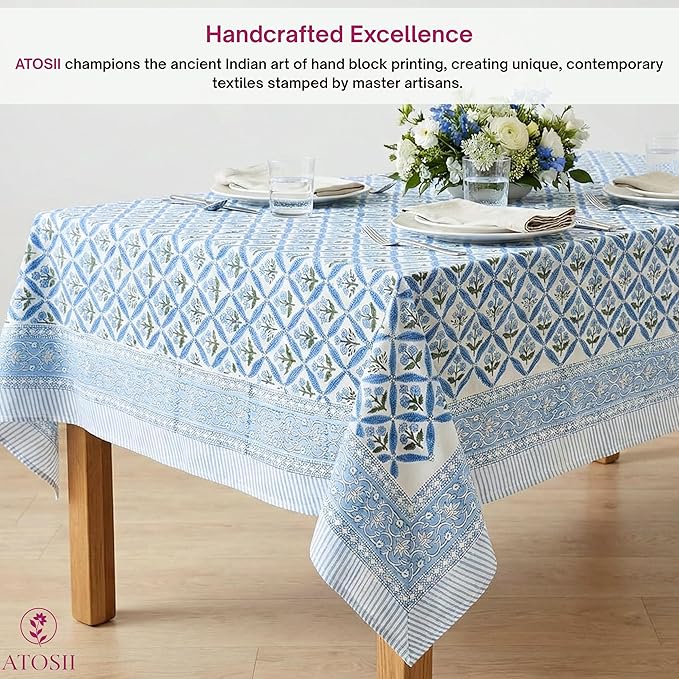 ATOSII Netta Blue 100% Cotton Rectangle Summer Tablecloth, Handblock Floral Print Linen Table Cloth for Kitchen Dining I Parties, Weddings, Outdoors, Decor 60 X 108 Inches, 8 Seater