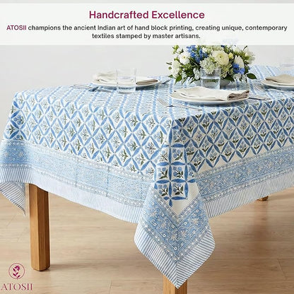 ATOSII Netta Blue 100% Cotton Square Summer Tablecloth, Handblock Floral Print Linen Table Cloth for Kitchen Dining I Parties, Weddings, Outdoors, 60 X 60 Inches I 4 Seater