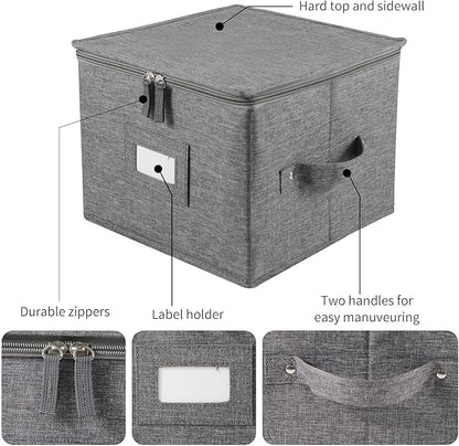 popoly China Storage Containers Hard Shell Inside 10" W x 8" H, Salad Plate Storage Containers for Dishes, Dinnerware with 24 Felt Dividers, Hold 24 Plates, Foldable and Stackable (2 Pack Grey)