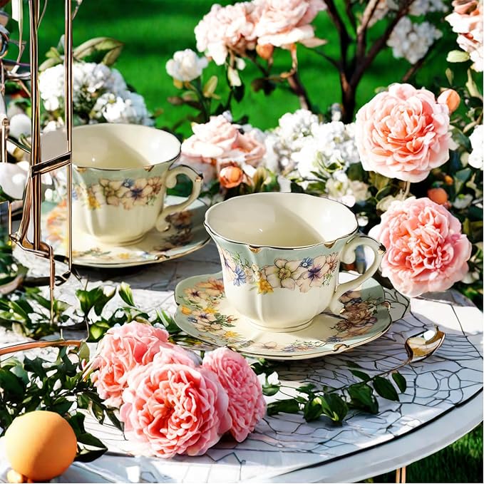 TATSUMI Country Roses Bone China Tea Cup and Saucer Set, 3 Pieces, Vintage Style - Image 3