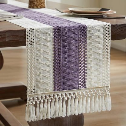 Macrame Style Bicolor Stitching Table Runner 14x108in Purple | Woven Boho Table - Image 7