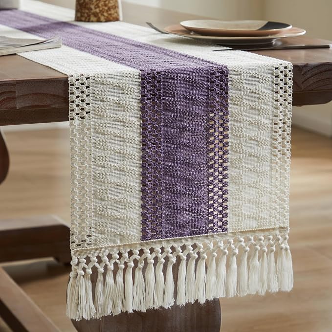Macrame Style Bicolor Stitching Table Runner 14x48in Purple | Woven Boho Table - Image 7