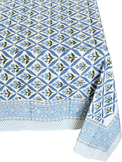 ATOSII Netta Blue 100% Cotton Rectangle Spring Tablecloth, Handblock Floral Linen Table Cloth for Kitchen Dining Table I Parties Weddings Outdoors Home Decor 72 X 120 Inches I 10 Seater