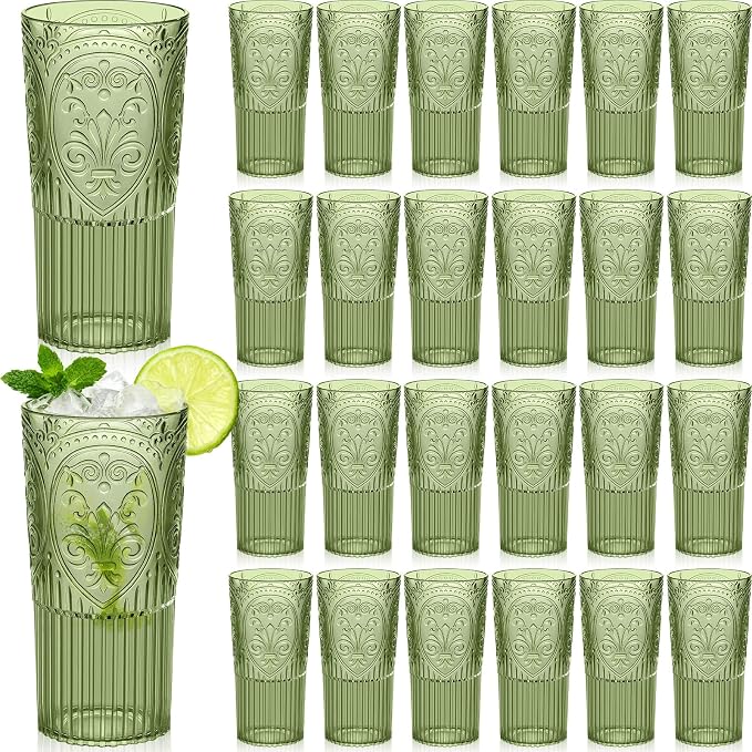 Wiwiqing 20oz Vintage Plastic Drinking Glasses Set of 24, Dark Green Large by Wiwiqing
