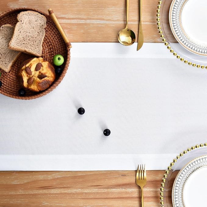 NEWISHER Farmhouse Rustic Faux Linen Solid White Table Runner 13x60inch | White - Image 4