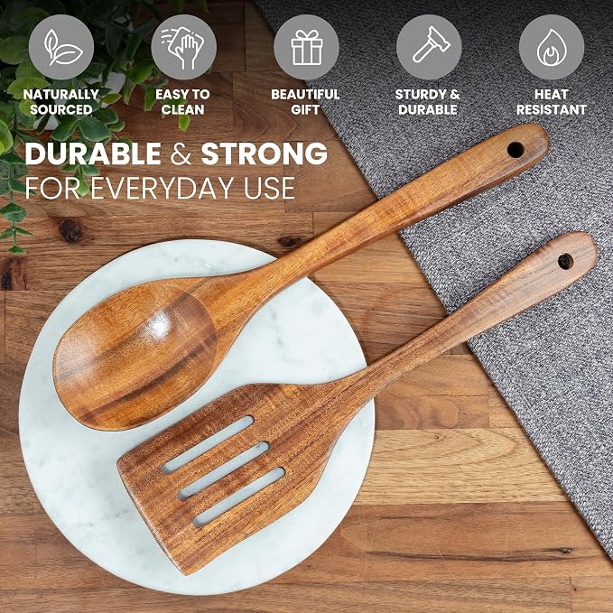 Zulay Kitchen Teak Wood Utensil Set – 2 Piece Large Wooden Cooking Spoon and - Image 3