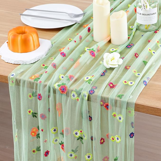 BINBE 1pcs Daisy Spring Table Runner Embroidery Gauze 10FT Florals Seasonal by BINBE