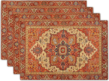 Giwawa Boho Ethnic Placemats Set of 4 Vintage Orange Brown Retro Flower Decorative Linen Table Place Mats 12"x18" Rustic Country Style Floral Place Mats Heat Resistance for Kitchen Dining Farmhouse