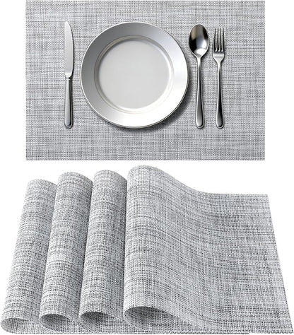 Timeet Placemats Set of 4, Heat Resistant Non-Slip Place Mats for Dining Table, Durable Washable PVC Vinyl Woven Table Mats, Linen Textured Placemats for Kitchen Resistant Easy to Clean(Gray