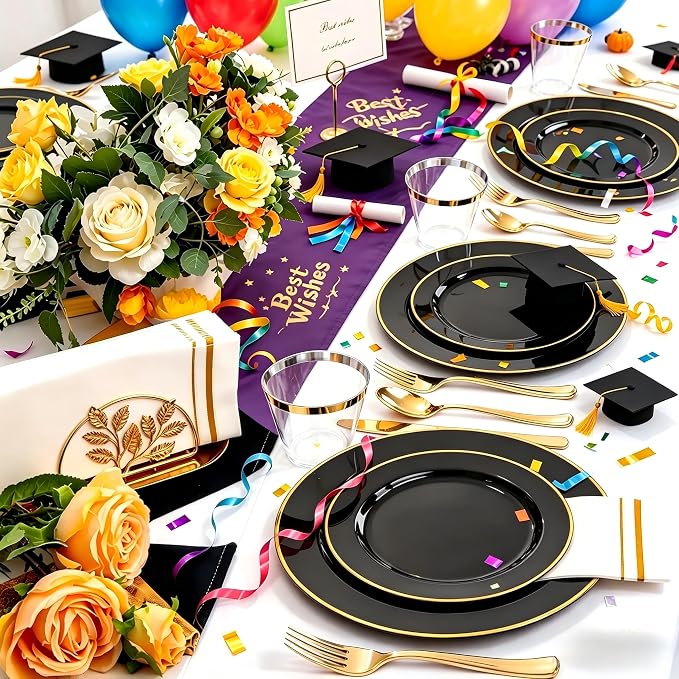 SUT 175 Piece Black and Glod Plastic Dinnerware Set - Image 5