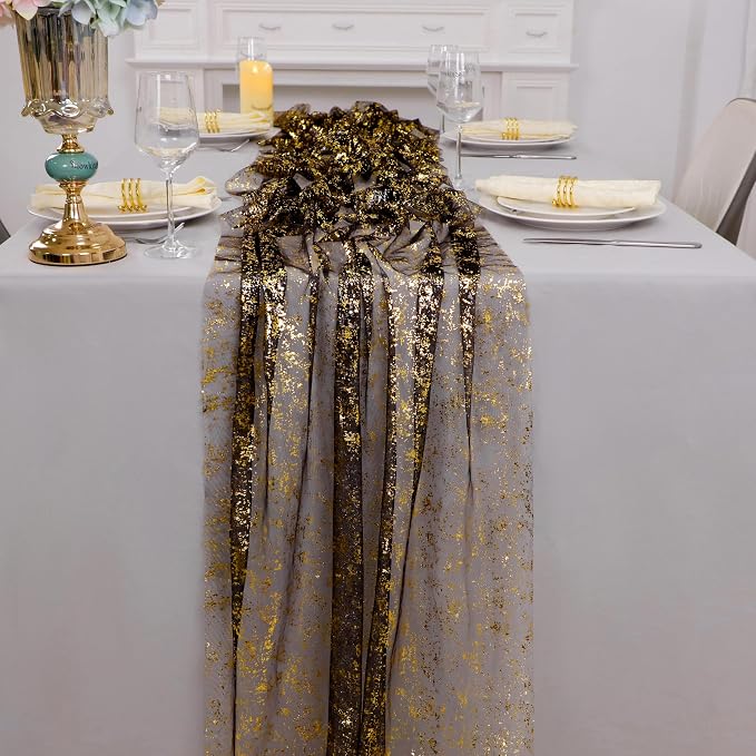 Snowkingdom Black and Gold Cheesecloth Table Runner 10 FT, Sheer Chiffon - Image 4