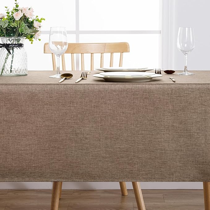Hiasan 2 Pack Faux Linen Rectangle Tablecloth - Wrinkle and Stain Resistant Washable Table Cloth for Kitchen Dining Room Holiday Table Cover for Party Dinner, Khaki, 60 x 102 Inch
