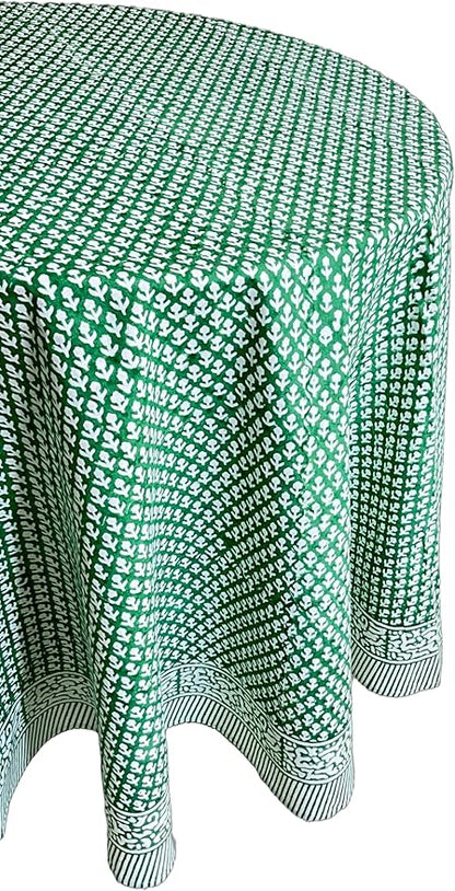 ATOSII Queen Green 100% Cotton Round Tablecloth, Handblock Print Floral Table Cloth for Kitchen Dining Linen I Parties, Weddings, Outdoors, Christmas, Thanksgiving I 90" Inches Round I 6 Seater