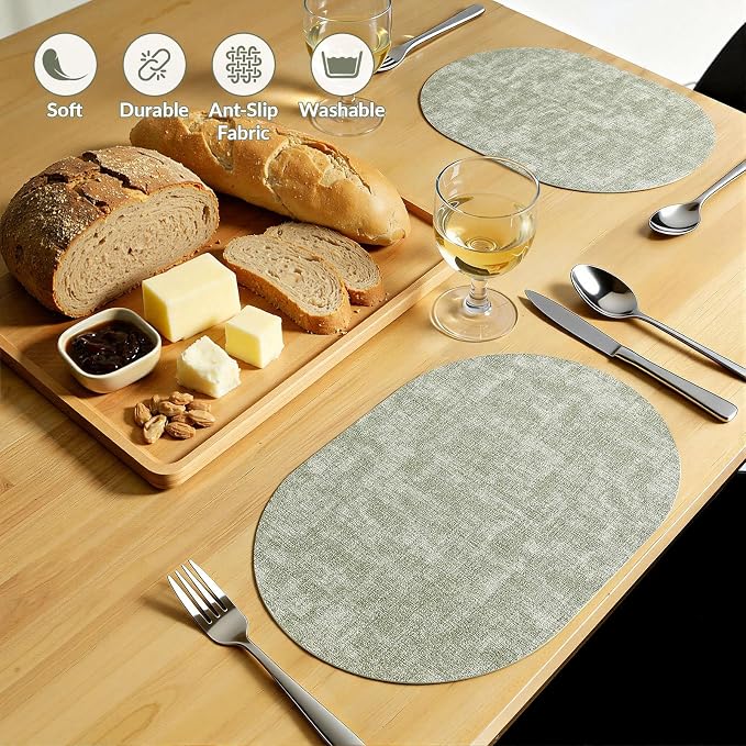 Placemats Set of 6, 11.8 x 17 Inch, Grass Green | Heat Resistant Oval Faux - Image 6