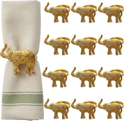 ALPHA Living HOME Metal Gold Napkin Rings Set of 12 - Elephant Napkin Holders, Table Decor, Wedding Decor, Party Supplies, Dining Accessories, Napkin Rings Holders for Gifting & Everyday Use