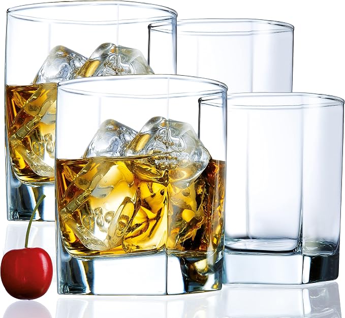 Square Drinking Whiskey Glasses Set of 4, Old Fashioned Glass Cup Bar Set by LERAZE