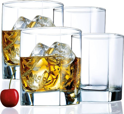Square Drinking Whiskey Glasses Set of 4, Old Fashioned Glass Cup Bar Set by LERAZE