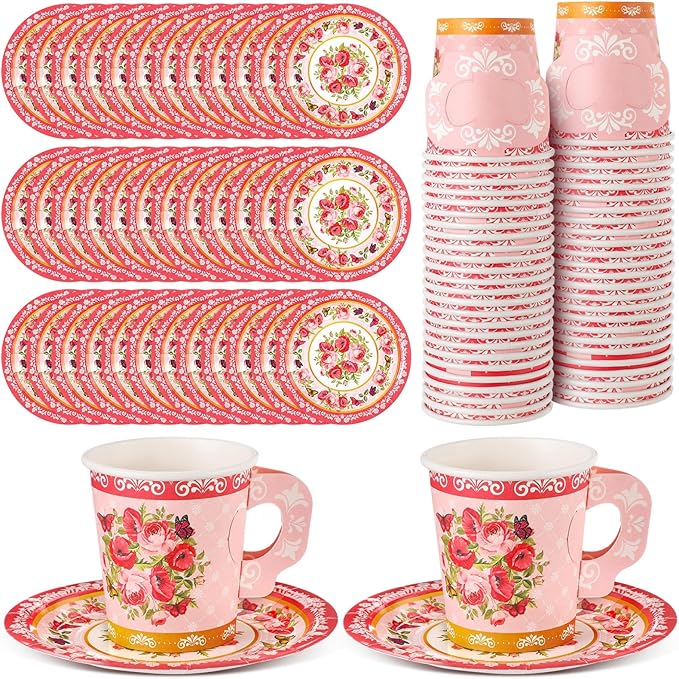 Nuogo 200 Pcs Floral Paper Tea Cups and Saucers 7 oz Disposable Paper Teacups by Nuogo