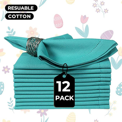 Bedding Craft Cotton Cloth Dinner Napkins Set of 12 – 18x18 Latigo Bay Teal with Hemstitched Mitered Corners – Machine Washable Reusable Napkins for Weddings, Parties & Daily Use