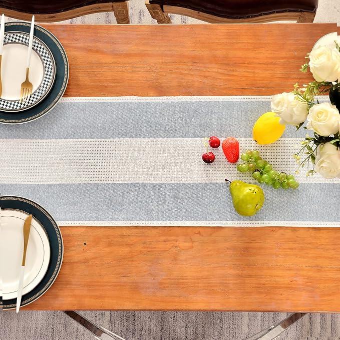 Wracra Linen Table Runner, Stripe Table Runners 108 Inches Long Blue | Delicate - Image 6