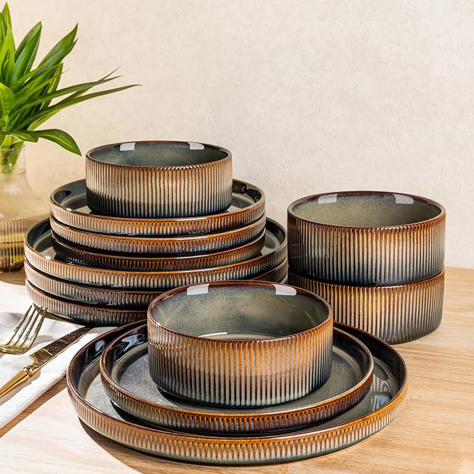 Ceramic Dinnerware Set for 4, 12-Piece Plates and Bowls Set | Lightweight by TheTerra