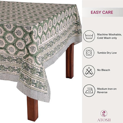 ATOSII Kari Green 100% Cotton Rectangle Boho Summer Tablecloth, Block Print Floral Table Cloth Linen for Dining, Parties, Wedding, Outdoors Home Decor 60 X 108 Inches I 8 Seater I