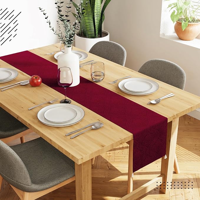 Encasa XO Table Runner, Embossed Velvet, Elegant 13"x94" | Maroon, 175 GSM - Image 2