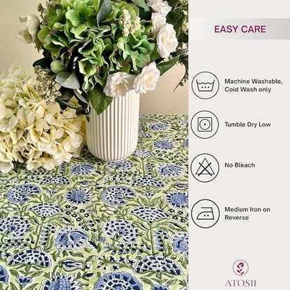 ATOSII Amara 100% Cotton Round Summer Tablecloth, Handblock Print Floral Table Cloth for Kitchen Dining Linen I Parties, Weddings, Outdoors I Grand Millennial Farmhouse Home Decor 72" Inches Round