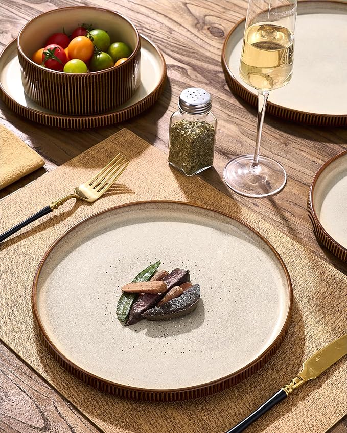 Dinnerware Set for 6, Ceramic Ribbed Plates, Dishes | 18-Piece Stoneware Dinner - Image 3
