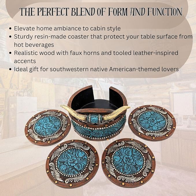 BestGiftEver Rustic Southwestern Coasters Set | Faux Horn & Tooled - Image 2