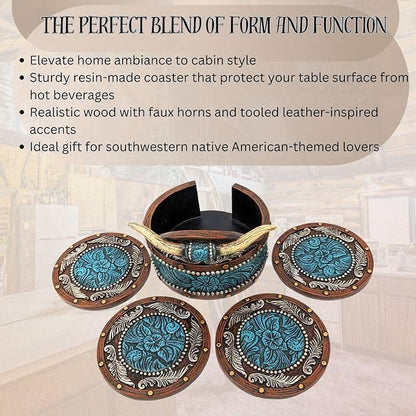 BestGiftEver Rustic Southwestern Coasters Set | Faux Horn & Tooled - Image 2