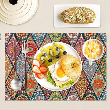 Set of 6 Washable Colorful Bohemian Placemats Non-Slip Heat-Resistant 12x18 Inch Thick DecorativeLinen Table Mats for Dining Table Home Décor