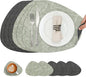 Placemats and Coasters, Washable Reversible Placemats Round Faux Leather Wipeable Place Mats Non Slip Heat Resistant Indoor Outdoor Table Mats (Set of 6, Gray Green)