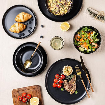 AmorArc Ceramic Dinnerware Sets, Wavy Rim Stoneware Plates and Bowls Sets,Dishwasher & Microwave & Oven Safe Dishes set, Service for 6 (18pc)-Matte Black