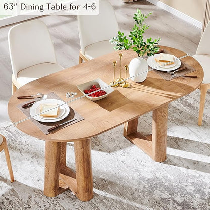 OKD 63" Dining Table for 6-8, Oval Dining Room Table with Triangular Structure Pedestal Stable Base, Curved Table Edge, Circle Kitchen Tables for Dining Room, Kitchen, Light Tree Knot