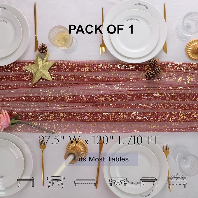 Snowkingdom Burgundy Gold Gauze Table Runner 10 Ft, Glitter Sheer Metallic Foil - Image 2